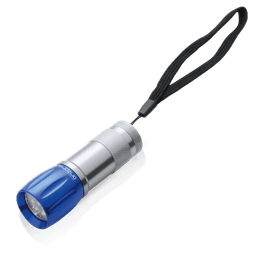 A small torches in blue and silver, featuring a keyring attachment and a wrist strap.