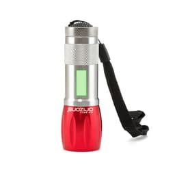 A compact red and silver torch with a textured grip and a wrist strap. Features a branding logo.
