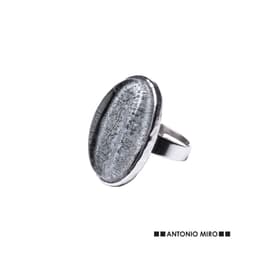 A silver ring featuring a textured, iridescent grey stone. The design includes a smooth metal band and a logo.