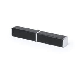 A sleek black metal pen with silver accents, featuring a simple design and a logo.