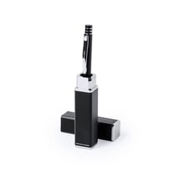 A black metal pen stands upright in a sleek rectangular holder, with two matching black bases beside it.