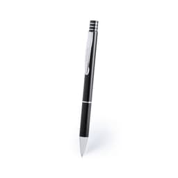 A metal pen in black with a textured grip and silver accents, featuring a logo on the side.