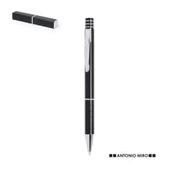 A black metal pen with a silver clip and detailing, accompanied by a matching black cap. Features branding.