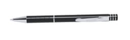 A black metal pen with a silver clip and accents, featuring a sleek design and a branding logo.