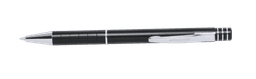 A black metal pen with silver accents and a logo on the side, designed for writing purposes.