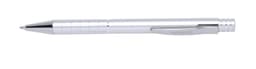 A silver metal pen with a sleek design and a clip, featuring a glossy finish and black ink tip.