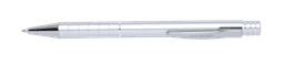 A metal pen with a sleek silver finish and a black writing tip, featuring a clip and textured grip.