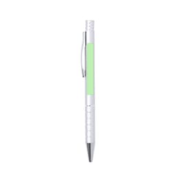 A metal pen in white with a green section and a silver clip, featuring a sleek design and a glossy finish.