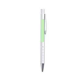 A metallic silver pen with a mint green accent and a clip, featuring a branding logo.