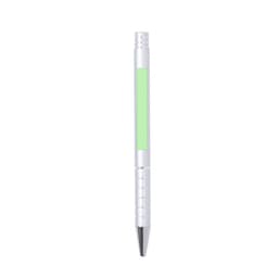 A metal pen in white with a green accent. The pen has a sleek design and a shiny tip. It features a logo.