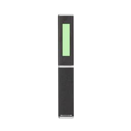 A sleek black metal pen with a long green accent and a logo on its surface.