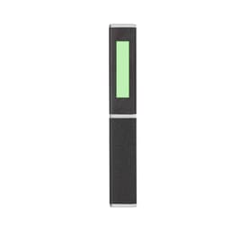 A metal pen with a sleek black body and a green accent. The pen features a logo on its surface.