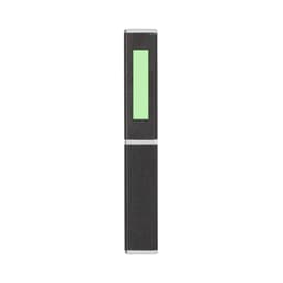 A metal pen in black featuring a green accent and a logo.