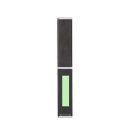 A black metal pen with a simple design and a green highlighting section. It features a logo.