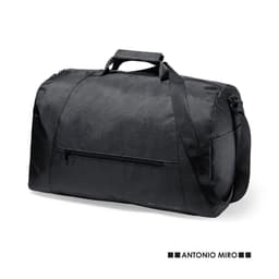 Black duffel bag with a shoulder strap and top handle, featuring a zip pocket and a logo.