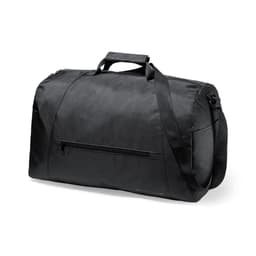 A black duffel bag with a shoulder strap and top handles, featuring a zippered compartment and a side pocket.