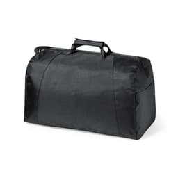 A black duffel bag with a sturdy design, featuring handles and a simple logo.