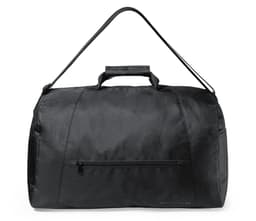 A black duffel bag with a long strap and a zippered pocket on one side. It features a logo or branding.