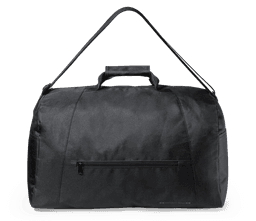 A large black duffle bag with a zippered pocket and a sturdy handle. It features a logo on the front.