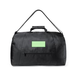 A black duffel bag with a large green rectangular area and a zippered pocket on one side.