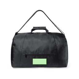 A black bag featuring a carrying handle and an adjustable shoulder strap, with a zippered pocket on the side.