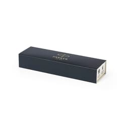 A closed navy blue pen box with a logo, designed for packaging a metal pen.