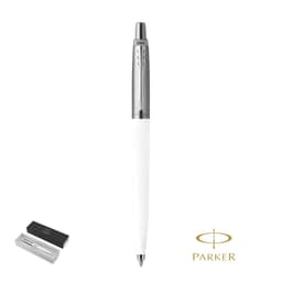 A metal pen with a polished silver and white finish, accompanied by a sleek box and featuring a logo.
