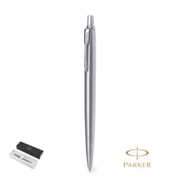 A metal pen in silver with a sleek design, accompanied by a black and white packaging with branding.