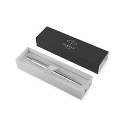 A sleek silver mechanical pencil placed in a white box with a black outer sleeve and a logo.