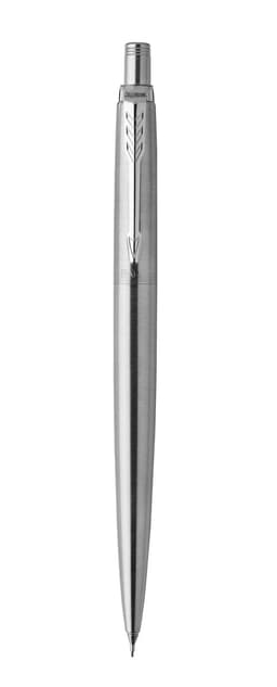 A sleek metallic grey mechanical pencil with a clip and fine tip, featuring a logo on its side.