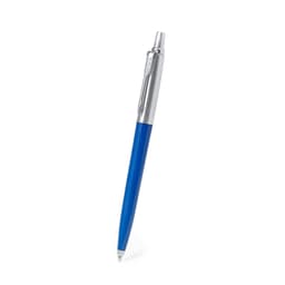 A blue recycled pen with a silver clip and tip, featuring a branding logo on the barrel.