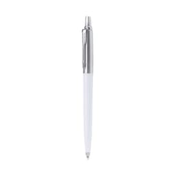 A metal pen with a white barrel and silver accents, featuring a logo on the side.