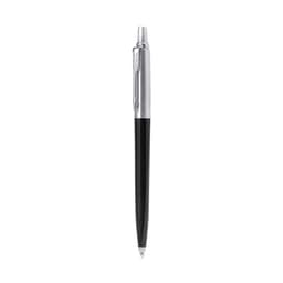 A black and silver metal pen with a sleek design, featuring a clip and a branding logo.