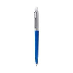 A blue recycled pen with a silver clip and tip, featuring a logo on the barrel.