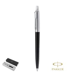 A sleek black and silver metal pen presented in a box with a logo. Ideal for writing.