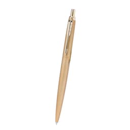 A gold metal pen with a sleek design, featuring a clip and smooth writing tip. It has a branding logo on the barrel.