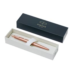 A metal pen in a rose gold finish, presented in a two-tone box with a logo.