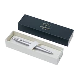 A silver metal pen displayed in a cream and dark blue box with a logo.