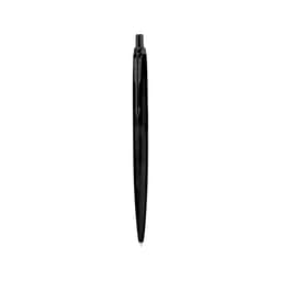 A sleek black metal pen with a smooth finish and a logo on its body.