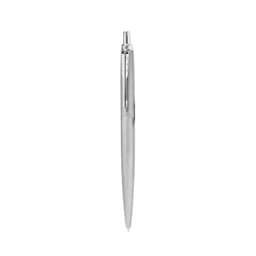A metal pen in a sleek silver monochrome design, featuring a logo on the side.