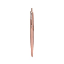 A metal pen in a rose gold finish with a sleek design and a clip, featuring a small branding logo.