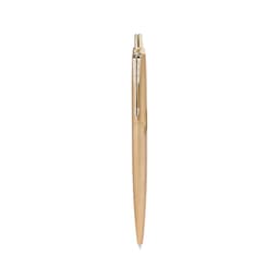 A metallic gold pen with a smooth finish, featuring a clip and a fine writing tip. Includes a logo.