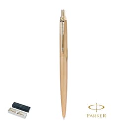 A sleek gold metal pen with a shiny finish, accompanied by a presentation box and a logo.