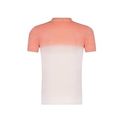 A short-sleeved adult T-shirt featuring a gradient design from coral to white, with a logo on the back.
