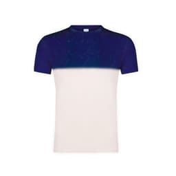 A navy and white gradient adult T-shirt featuring a simple design and a logo on the front.