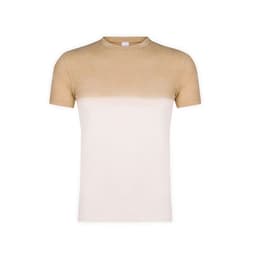 A beige and cream gradient adult T-shirt featuring a round neckline and short sleeves, with a logo present.