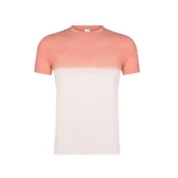 A t-shirt featuring a gradient design, transitioning from coral at the top to cream at the bottom. It has a logo on the label.