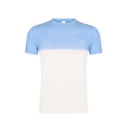 A short-sleeved T-shirt featuring a blue and white gradient design. The shirt has a simple, modern cut and includes a logo.