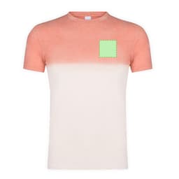 A coral and cream gradient adult T-shirt featuring a green square graphic on the chest. It has a logo on it.