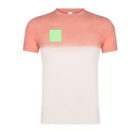 An adult T-shirt featuring a gradient design from peach to cream, with a green square on the chest area.
